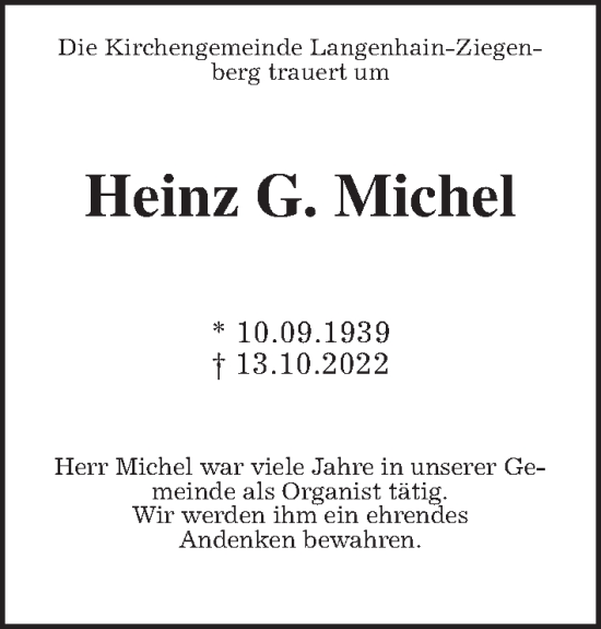 Traueranzeige von Heinz G. Michel von Wetterauer Zeitung
