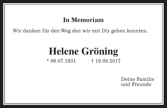 Traueranzeige von Helene Gröning von Wetterauer Zeitung