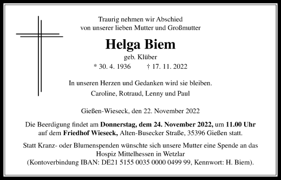 Traueranzeige von Helga Biem von Giessener Anzeiger, Giessener Allgemeine, Alsfelder Allgemeine