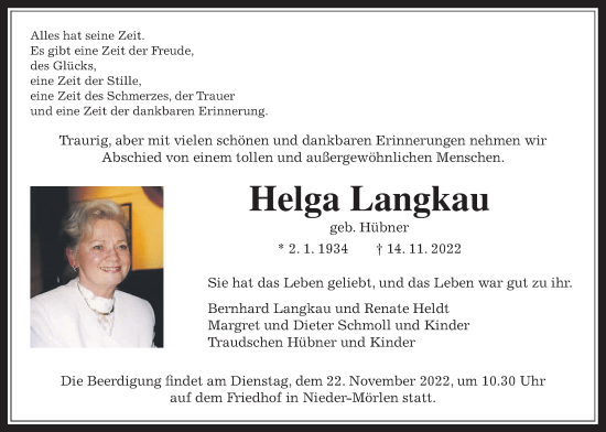 Traueranzeige von Helga Langkau von Wetterauer Zeitung