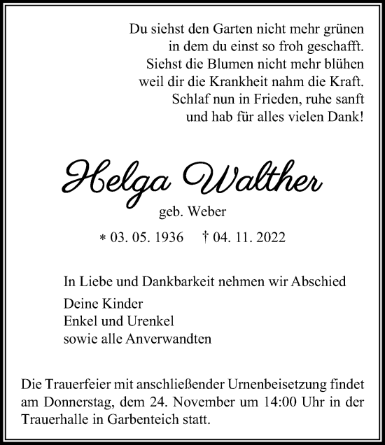 Traueranzeige von Helga Walther von Giessener Allgemeine, Alsfelder Allgemeine