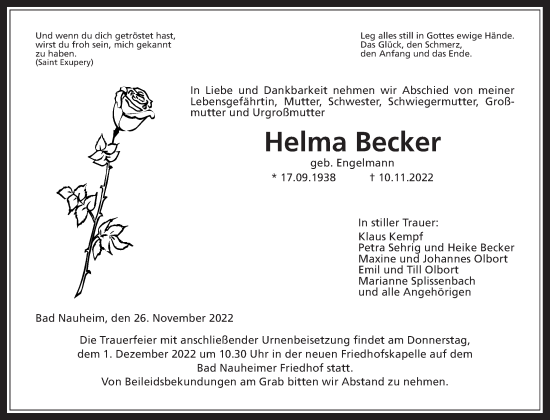 Traueranzeige von Helma Becker von Wetterauer Zeitung