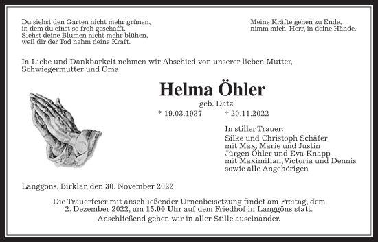 Traueranzeige von Helma Öhler von Giessener Anzeiger, Giessener Allgemeine, Alsfelder Allgemeine