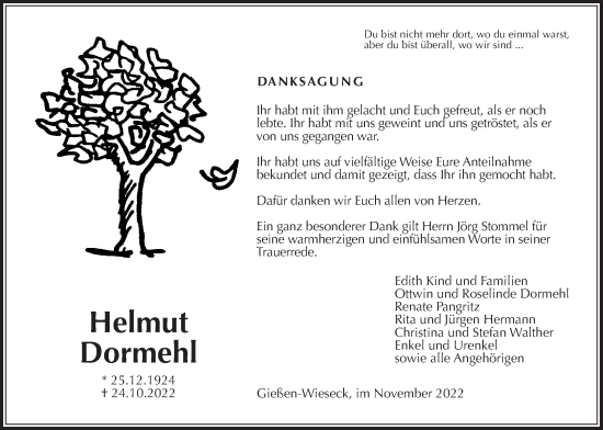 Traueranzeige von Helmut Dormehl von Giessener Allgemeine, Alsfelder Allgemeine, Giessener Anzeiger