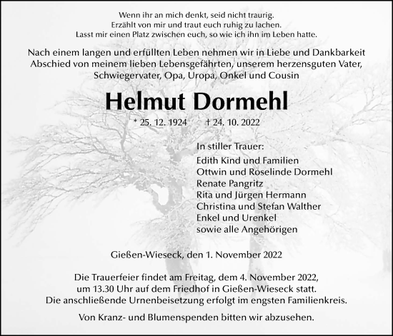 Traueranzeige von Helmut Dormehl von Giessener Allgemeine, Alsfelder Allgemeine, Giessener Anzeiger