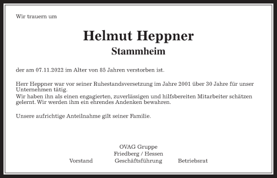 Traueranzeige von Helmut Heppner von Wetterauer Zeitung