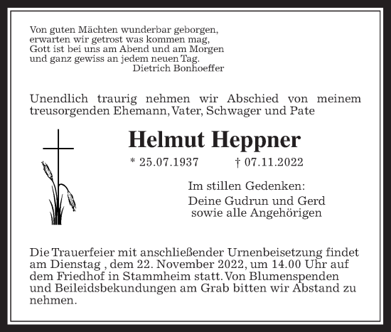 Traueranzeige von Helmut Heppner von Wetterauer Zeitung