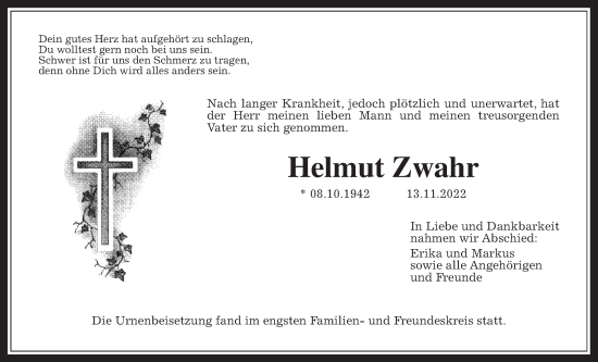 Traueranzeige von Helmut Zwahr von Giessener Anzeiger, Giessener Allgemeine, Alsfelder Allgemeine