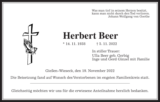 Traueranzeige von Herbert Beer von Giessener Anzeiger, Giessener Allgemeine, Alsfelder Allgemeine
