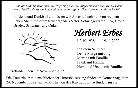 Traueranzeige von Herbert Erbes von Giessener Anzeiger, Giessener Allgemeine, Alsfelder Allgemeine