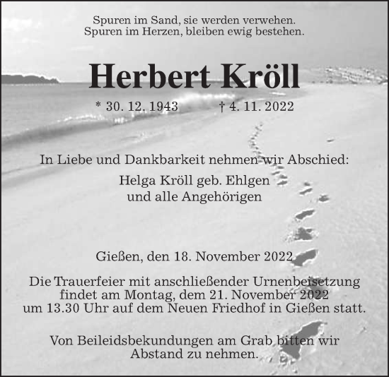 Traueranzeige von Herbert Kröll von Giessener Allgemeine, Alsfelder Allgemeine