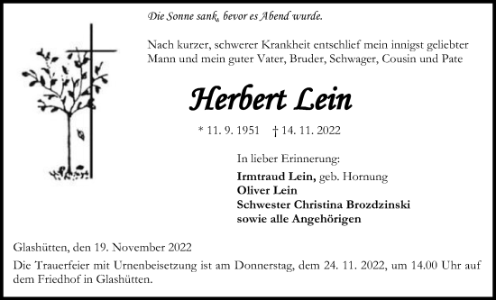 Traueranzeige von Herbert Lein von Kreis-Anzeiger