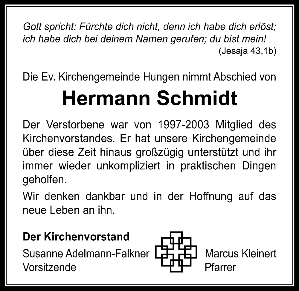  Traueranzeige für Hermann Schmidt vom 24.11.2022 aus Licher Wochenblatt
