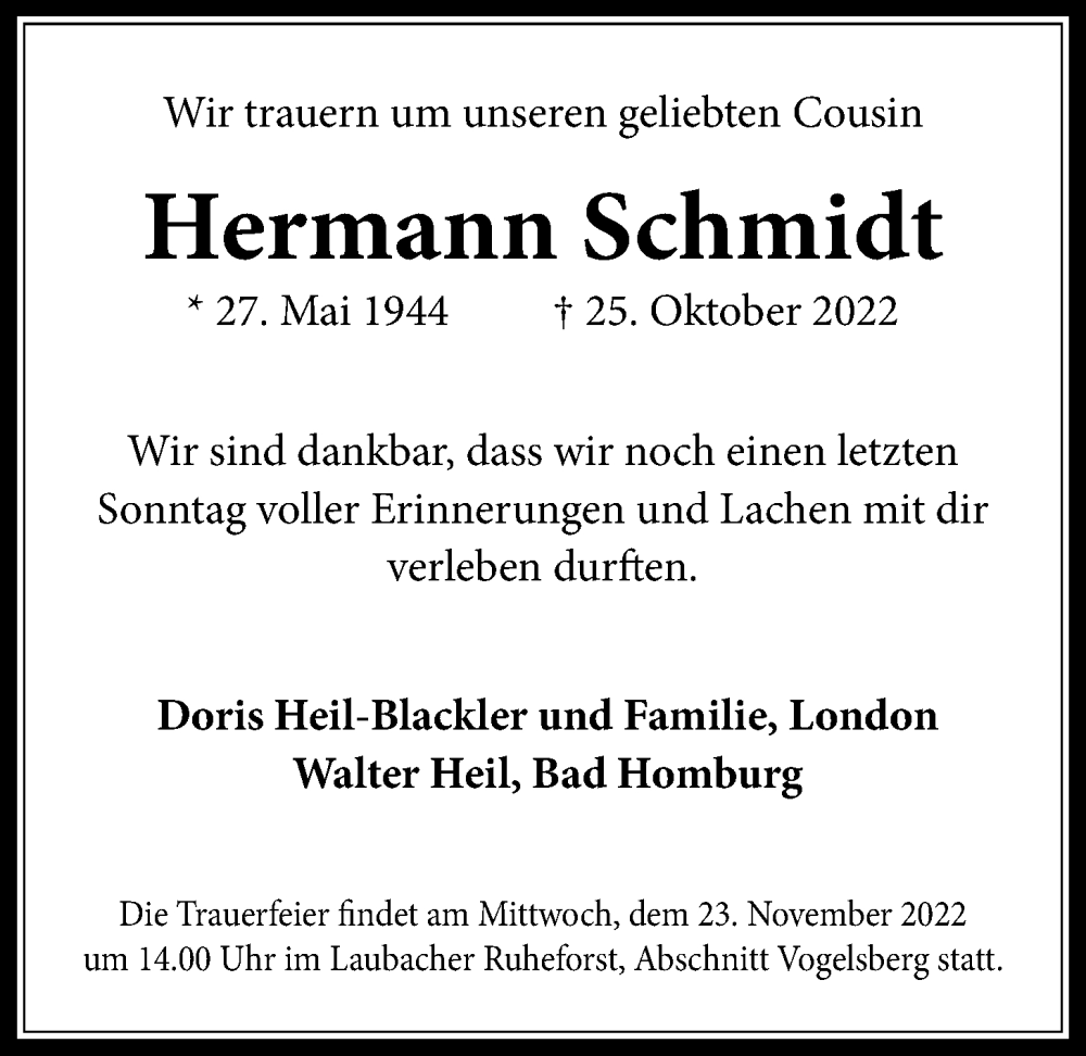  Traueranzeige für Hermann Schmidt vom 17.11.2022 aus Licher Wochenblatt