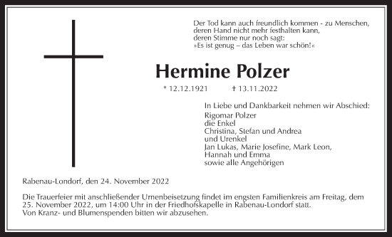 Traueranzeige von Hermine Polzer von Rabenauer Zeitung