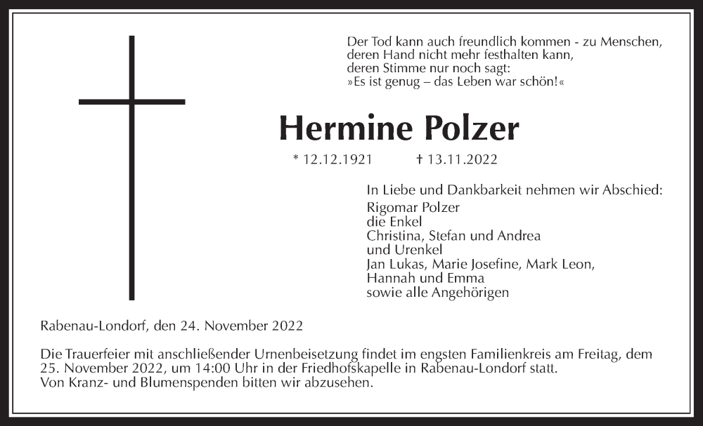  Traueranzeige für Hermine Polzer vom 24.11.2022 aus Rabenauer Zeitung