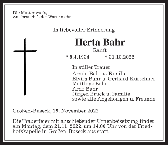Traueranzeige von Herta Bahr von Giessener Anzeiger