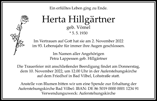 Traueranzeige von Herta Hillgärtner von Bad Vilbel/Karben