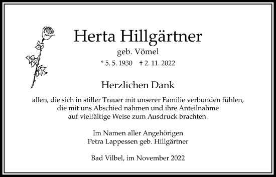Traueranzeige von Herta Hillgärtner von Bad Vilbel/Karben
