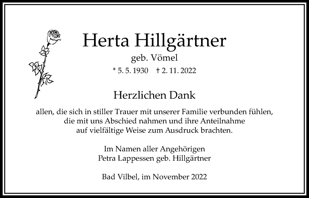  Traueranzeige für Herta Hillgärtner vom 24.11.2022 aus Bad Vilbel/Karben