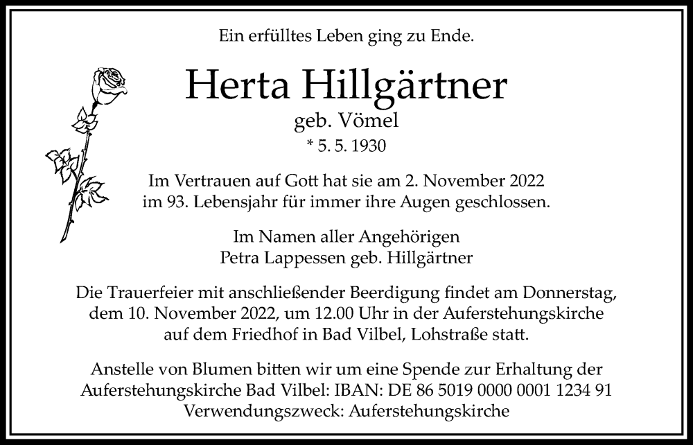  Traueranzeige für Herta Hillgärtner vom 10.11.2022 aus Bad Vilbel/Karben