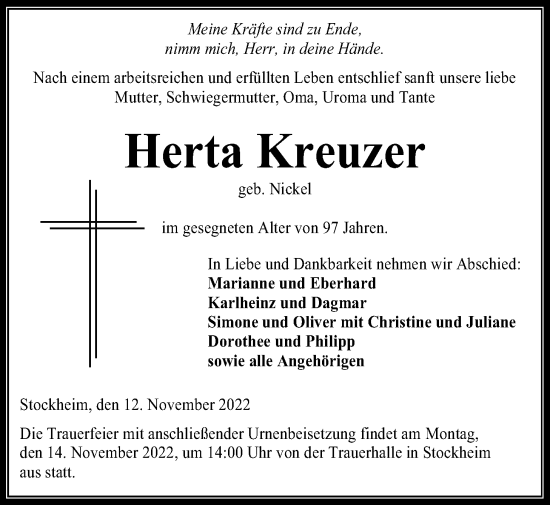 Traueranzeige von Herta Kreuzer von Kreis-Anzeiger