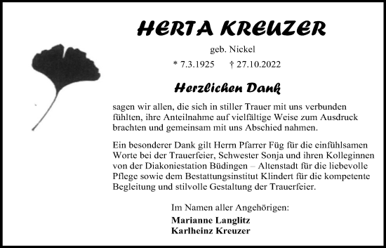 Traueranzeige von Herta Kreuzer von Kreis-Anzeiger