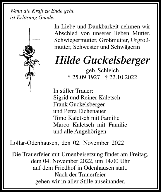 Traueranzeige von Hilde Guckelsberger von Giessener Allgemeine, Alsfelder Allgemeine