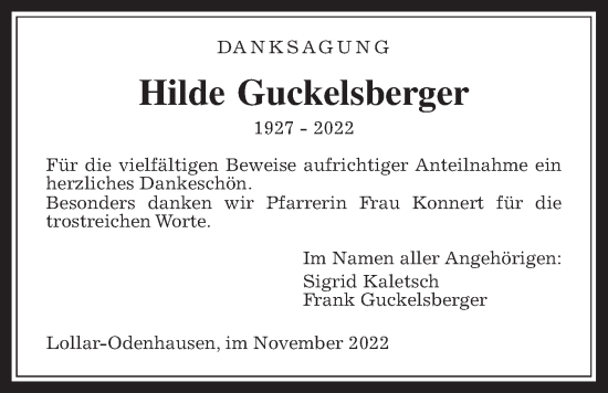 Traueranzeige von Hilde Guckelsberger von Giessener Allgemeine, Alsfelder Allgemeine
