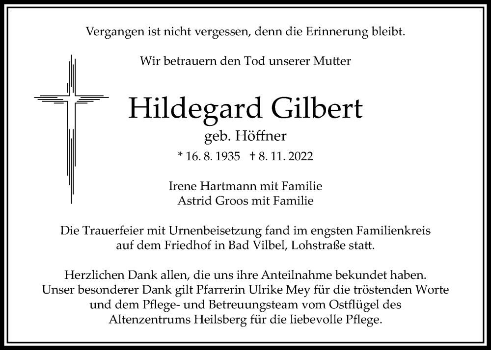  Traueranzeige für Hildegard Gilbert vom 24.11.2022 aus Bad Vilbel/Karben