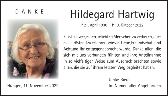 Traueranzeige von Hildegard Hartwig von Licher Wochenblatt