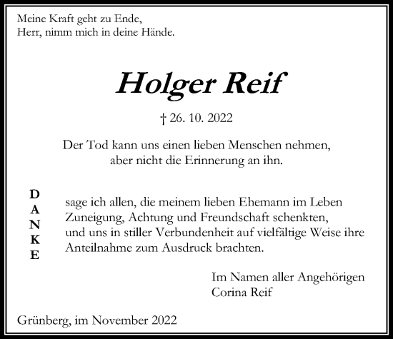 Traueranzeige von Holger Reif von Rabenauer Zeitung