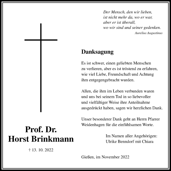 Traueranzeige von Horst Brinkmann von Giessener Anzeiger, Giessener Allgemeine, Alsfelder Allgemeine