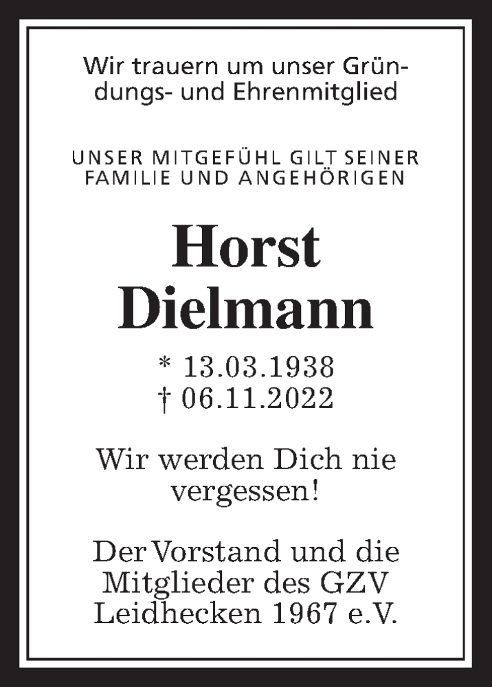  Traueranzeige für Horst Dielmann vom 17.11.2022 aus Wetterauer Zeitung