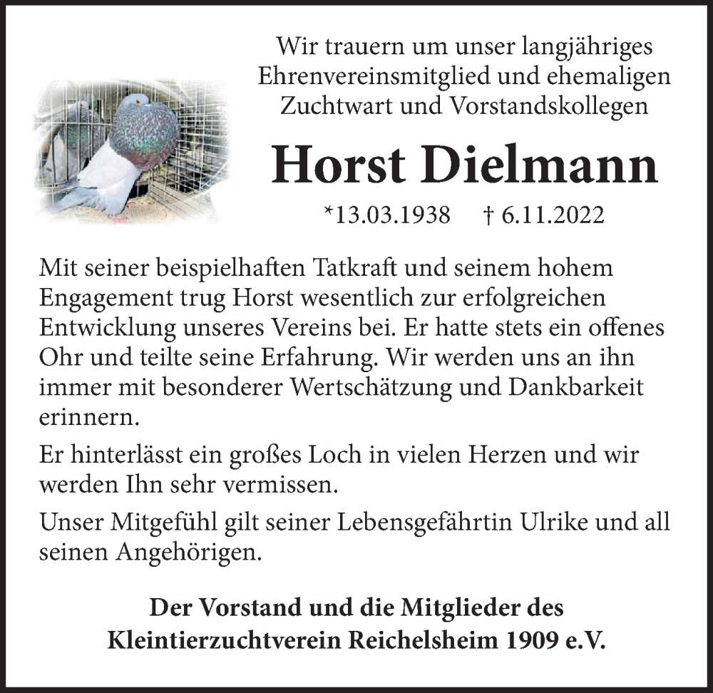  Traueranzeige für Horst Dielmann vom 12.11.2022 aus Wetterauer Zeitung