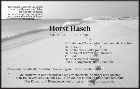 Traueranzeige von Horst Hasch von Giessener Allgemeine, Giessener Anzeiger, Alsfelder Allgemeine
