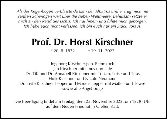 Traueranzeige von Horst Kirschner von Giessener Anzeiger, Giessener Allgemeine, Alsfelder Allgemeine