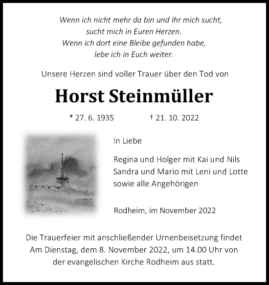 Traueranzeige von Horst Steinmüller von Giessener Allgemeine, Alsfelder Allgemeine, Giessener Anzeiger
