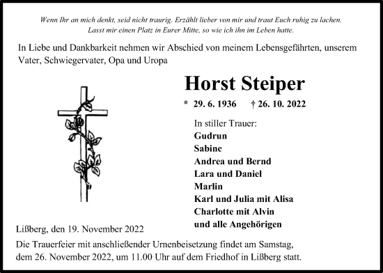 Traueranzeige von Horst Steiper von Wetterauer Zeitung, Kreis-Anzeiger