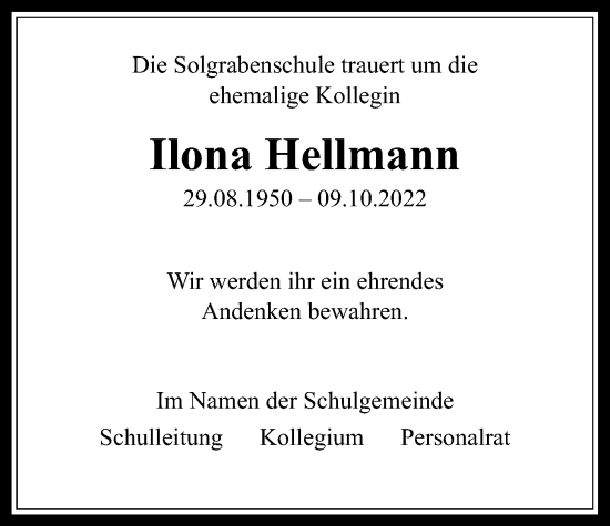 Traueranzeige von Ilona Hellmann von Wetterauer Zeitung