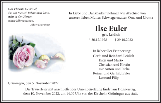 Traueranzeige von Ilse Euler von Giessener Allgemeine, Alsfelder Allgemeine, Giessener Anzeiger