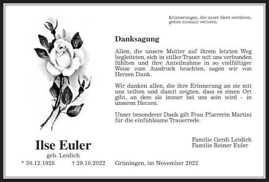 Traueranzeige von Ilse Euler von Pohlheimer Nachrichten
