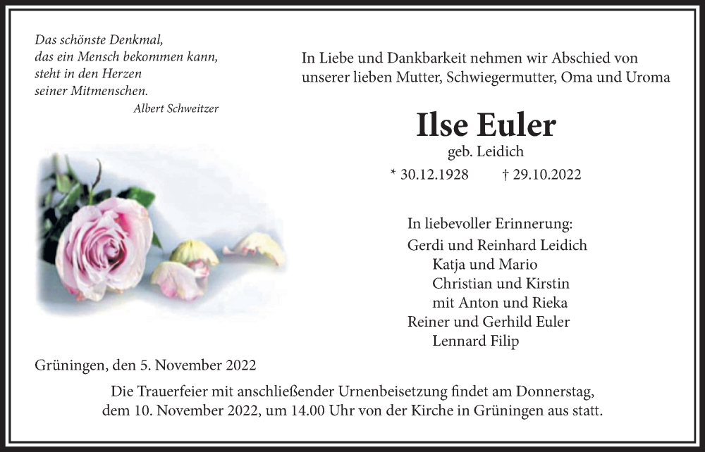  Traueranzeige für Ilse Euler vom 05.11.2022 aus Giessener Allgemeine, Alsfelder Allgemeine, Giessener Anzeiger