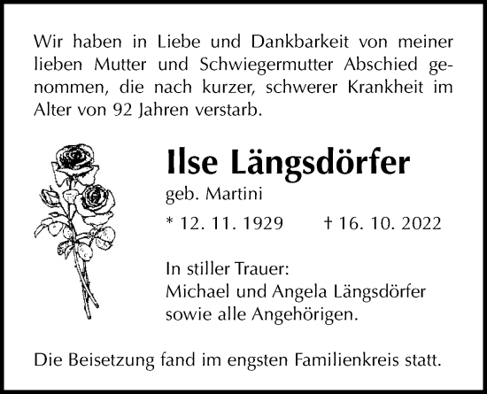 Traueranzeige von Ilse Längsdörfer von Giessener Allgemeine, Alsfelder Allgemeine, Giessener Anzeiger