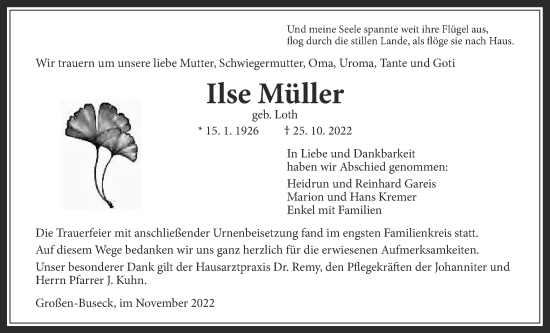 Traueranzeige von Ilse Müller von Giessener Anzeiger