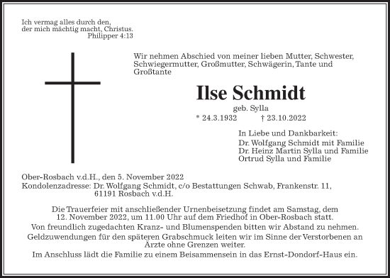 Traueranzeige von Ilse Schmidt von Wetterauer Zeitung
