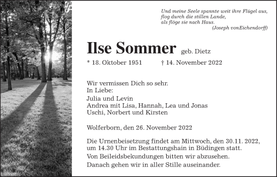 Traueranzeige von Ilse Sommer von Kreis-Anzeiger