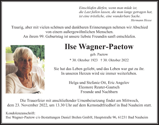 Traueranzeige von Ilse Wagner-Paetow von Wetterauer Zeitung