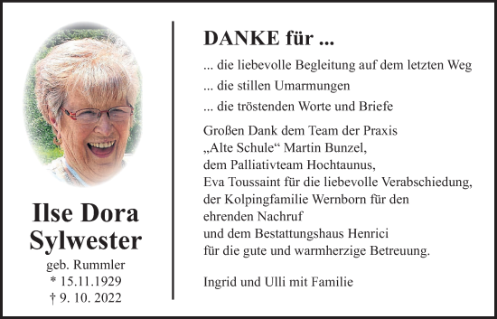 Traueranzeige von Ilse Dora Sylwester von Kreis-Anzeiger, Usinger Anzeiger