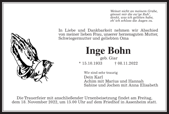 Traueranzeige von Inge Bohn von Wetterauer Zeitung
